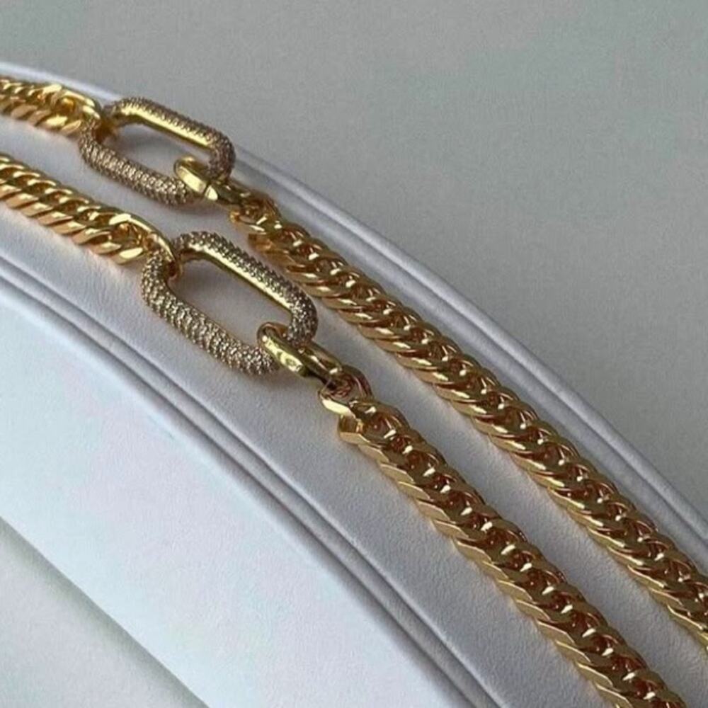 Gold Zircon Rectangular Charm Necklace Chain Link - Picture 7 of 11